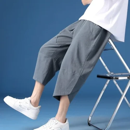 Herr Haremsbyxor Linne Ungdom Resår i midjan Enfärgade shorts Herr Casual Cropped Byxor