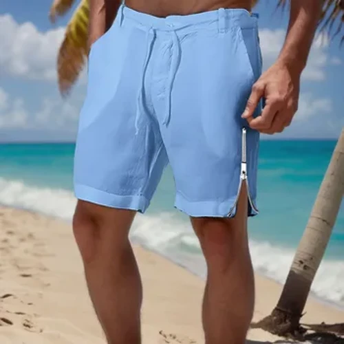 Shorts Lliain Cotwm Dynion Pants Zipper Ochr Dyn Haf Anadlu Lliw Solet Trowsus Lliain Ffitrwydd Traeth Dillad Stryd Sweatshort