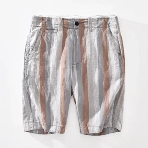 Short d'été à rayures contrastées pour hommes, pantalon court en lin pur, léger, droit, ample, décontracté, à boutons, pour la plage, nouvelle collection
