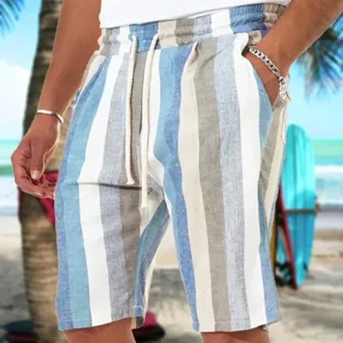2022 Nya avslappnat mode för män Randiga shorts i fusk lin linne enfärgade korta byxor manliga sommar strand shorts i lin som andas