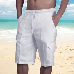 Shorts cargo de linho de algodão calções de cor sólida calções elásticos de verão com renda branca shorts masculinos calções de férias cortos 2023