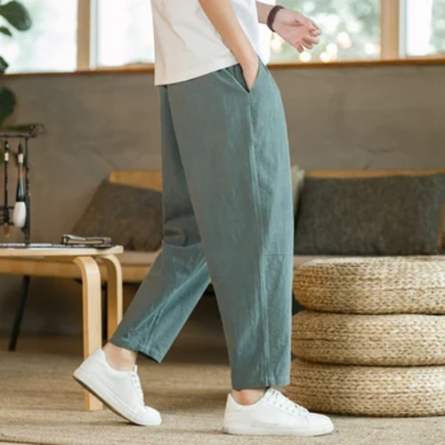 2023 Trowsus Dynion Haf Ffasiwn Lliain Cotwm Pants Achlysurol Lliw Soled Siorts Rhydd Anadladwy Dillad stryd Pants syth M-5XL