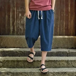 Pantalon ample en coton et lin à 7 points pour hommes, grand pantalon tendance pour grosse personne, jambes amples, short décontracté en lin, été