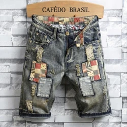 Marka Gizonezkoen estilo retro erauzitako denim galtza motzak 2024 udako moda berria Casual zulo adabaki Jeans galtza motzak Gizonezko markako arropa