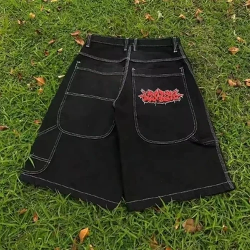 Hiphop hip hop erkek kot şort yüksek sokak kaykay pantolon nakış deseni çift pantolon sokak retro rahat şort
