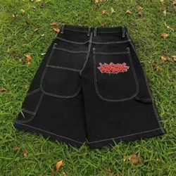 Hiphop hip hop erkek kot şort yüksek sokak kaykay pantolon nakış deseni çift pantolon sokak retro rahat şort