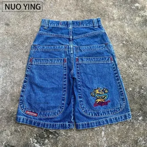 JNCO Quần Short Y2K Hip Hop Túi Baggy Denim Quần Short Tập Gym Nam Nữ Mùa Hè 2024 Mới Bông Tai Kẹp Gothic Nam Bóng Rổ Quần Short Dạo Phố