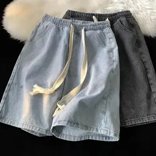 Calça jeans masculina com cintura elástica, cordão elástico com bolsos, casual, verão, praia, secagem rápida para homens