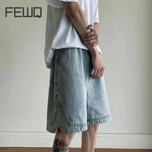 FEWQ Pāleʻa Denim Loose Loose ʻO ke kauwela 2024 Hōʻike ʻia ʻo Korea hou i hoʻokaʻawale ʻia i ka Hem Hoʻolālā kala paʻa ʻia nā pālule kāne kāne maʻamau 24X8502