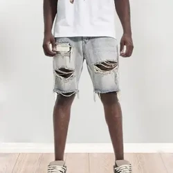 Nam Mùa Hè Đau Khổ Quần Short Denim Nút Dây Kéo Bay Quần Jean Ngắn Thẳng Vừa Vặn Rách Lỗ Dài Đến Đầu Gối Đau Khổ Quần Short Denim