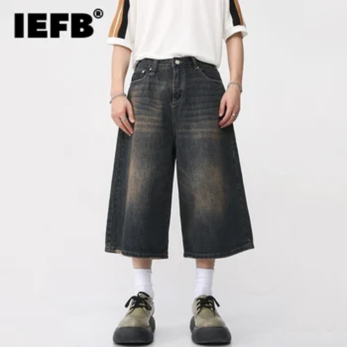 IEFB Koreýa stili üzüm erkekleriň jynslary Tomus ýumşak Erkek giň aýak dyzynyň uzyn şortikleri 2023 Täze ýuwulan moda Denim Trouser 9A8825