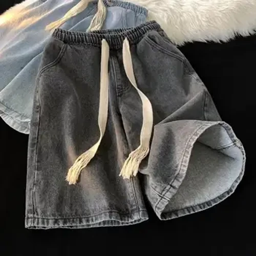 Erkekler Geniş bacak Kot Şort erkek Çabuk kuruyan Denim plaj şortu Elastik İpli Kemer Cepler Yaz Geniş Bacak Şort