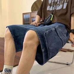 Modne, retro, modre, modre, modre, ohlapne denim kratke hlače z velikimi žepi, moške, poletne, tanke, modne, sprane hlače za prosti čas s petimi točkami