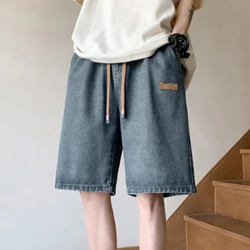Americano retro casual denim shorts cordão verão solto em linha reta elegante meados de cintura elástica jovem vitalidade calças de joelho
