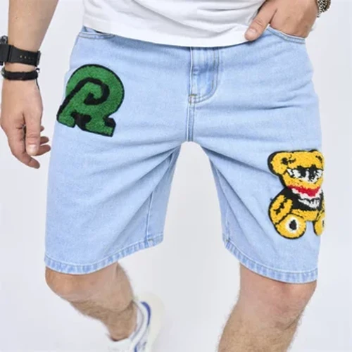 Erkekler Yaz Şık kişilik nakış Slim fit Denim Şort Erkek Beş noktalı Pantolon Kaliteli Plaj günlük kot Şort