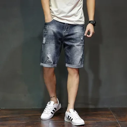 Mùa Hè 2022 Mới Nam Quần Short Denim Thời Trang Ôm Dáng Co Giãn Cotton Xanh Rửa Quần Jeans Rách Nam Thương Hiệu Quần Áo
