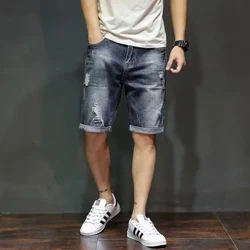 Mùa Hè 2022 Mới Nam Quần Short Denim Thời Trang Ôm Dáng Co Giãn Cotton Xanh Rửa Quần Jeans Rách Nam Thương Hiệu Quần Áo