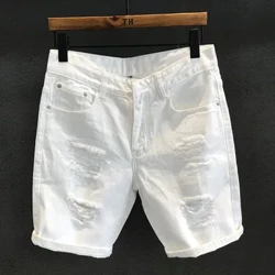 Nam Mùa Hè Trắng Quần Jeans Rách Quần Short Mềm Mại Và Thoải Mái Co Giãn Cổ Đau Khổ Rửa Sạch Da Bò Denim Jeans Nam Quần Ngắn