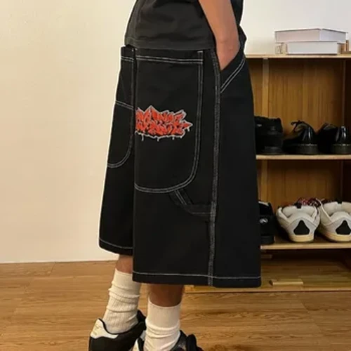 Avrupa ve Amerikan yüksek sokak erkek şort kaykay pantolon desen nakış çift hiphop hip hop denim şort