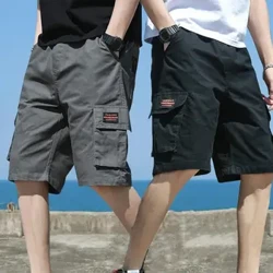 Shorts cargo masculinos, calções cargo soltos com vários bolsos, cintura elástica, tecido respirável para esportes de verão