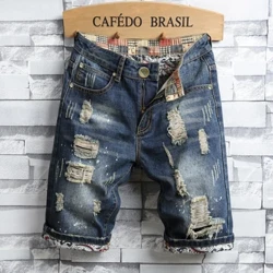 Nam Lỗ Quần Short Denim Mùa Hè 2024 Thời Trang Mới Slim Fit Rách Retro Quần Jean Ngắn Nam Thương Hiệu