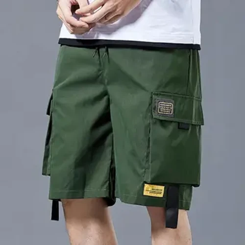 Calções cargo masculinos, calções de lazer estilo jovem, tecido macio, virilha profunda, cintura elástica, calções de verão, bolsos grandes com aba