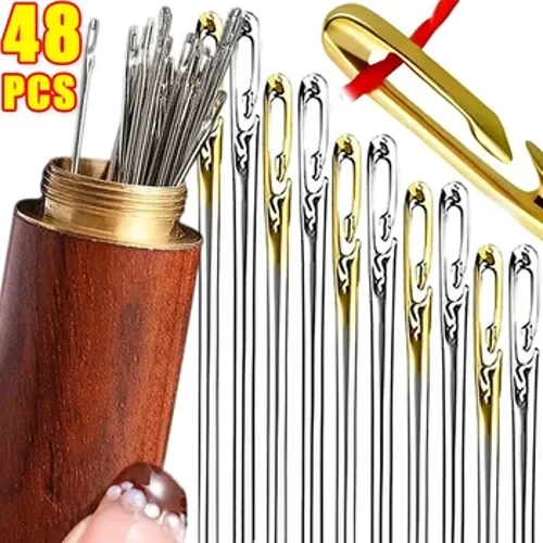 48/12Pcs Mga Blind Sewing Needles Matatanda Malaking Butas Hindi kinakalawang na Asero Pansariling Threading Needles Pantahian ng Kamay na Karayom ​​sa Pagbuburda