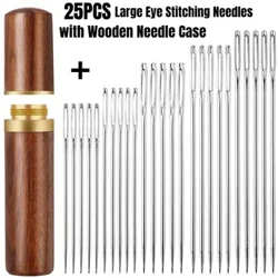 25PCS Malaking Eye Stitching Needles, 5 Sizes Big Eye Hand Pananahi Matalas na Needles Embroidery Thread Needle na may Wooden Needle Case