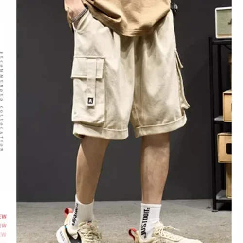 Guochao pantalones cortos cargo con múltiples bolsillos versión coreana para hombre de la tendencia pantalones de pierna recta cinco