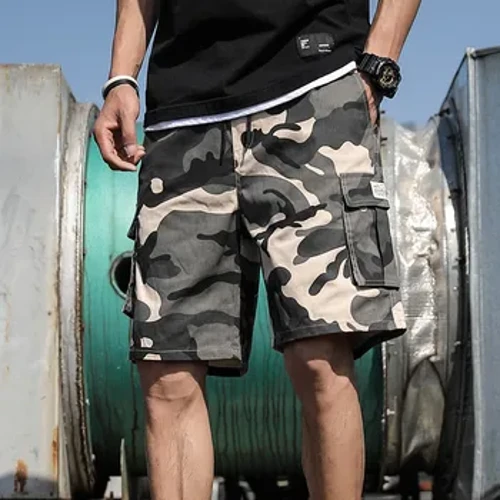 2024 Kaumāliʻi nā kāne ma waho o ka Camouflage Cargo Shorts New Loose Cotton Sports Casual Half Pants Mid Waist Drawstring Pocket Shorts