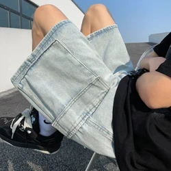 Samhradh Nua Baggy Denim Shorts Póca na bhFear Jeans Waist Leaisteacha Ócáideach Gorm Ardshráid Drawstring Pants gearra Éadaí sráide