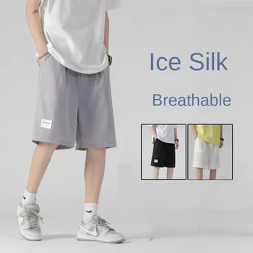 Short d'été pour hommes, Section fine, droit, ample, couleur unie, pantalon en soie glacée, respirant, séchage rapide, short décontracté à 5 points