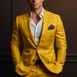 Men Suit Coat Formal Business Style Slim Fit Plaid Print Long Sleeve Single Button Closure Mid Length Straight Cardigan Work Off