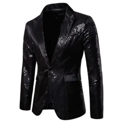 Moda erkaklar uchun hashamatli payetli kostyum ko'ylagi Rangni blokirovka qiluvchi yoqa Kundalik bitta tugmachali Blazer paltolari Jozibasi erkaklar kiyimlari