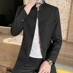Črn modni modni blazer s stoječim ovratnikom in dolgimi rokavi v kitajskem slogu, moška jakna z enojnim zapenjanjem