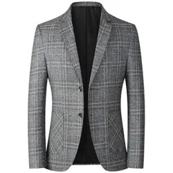 Jaket Jas Slim Fit Pria Kasual Musim Semi/Musim Gugur Atasan Ringan Single-Breasted Pakaian Gaya Barat Bebas Kerut untuk Pria