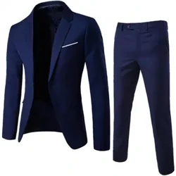 2 adet/takım artı boyutu erkek takım elbise düz renk uzun kollu yaka ince düğme takım elbise erkekler sonbahar katı ince düğün Blazer setleri