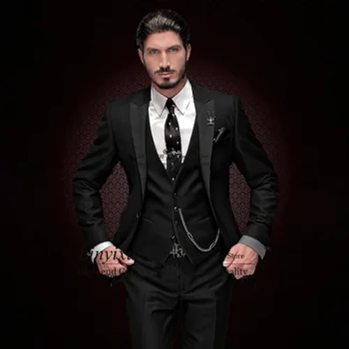 Klassieke Zwarte Slim Fit Heren Pakken Piekte Revers Bruiloft Bruidegom Tuxedo 3 Stuk Jas Vest Broek Set Mannelijke Business Masculino blazer
