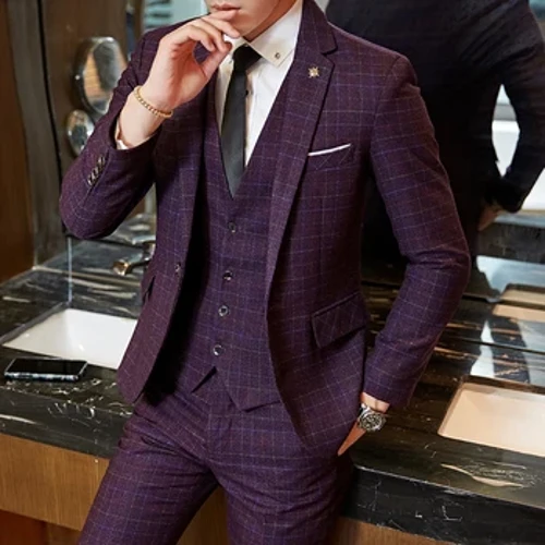 Butik (Blazer + Yelek + Pantolon) Moda İş Ekose Gündelik Resmi Elbise Kore Takım Elbise Üç Parçalı Takım Elbise ve Takım Elbise İki Parça Takım Elbise