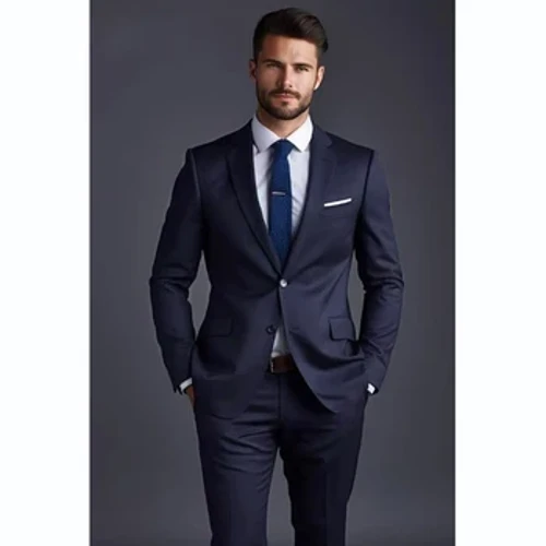 Lacivert Düz Erkek Takım Elbise Moda Çentik Yaka Tek Göğüslü 2 Parça (Ceket + Pantolon) İş Rahat Ofis Günlük Takım Elbise Giyim
