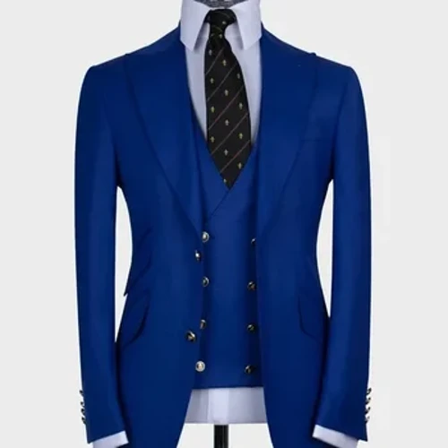 Benotzerdefinéiert Royal Blue Männer Formal Kostüm Double Breasted Slim Fit Business Blazer 3 Stéck Brudder Hochzäit Jacket Vest Hosen Héich Qualitéit