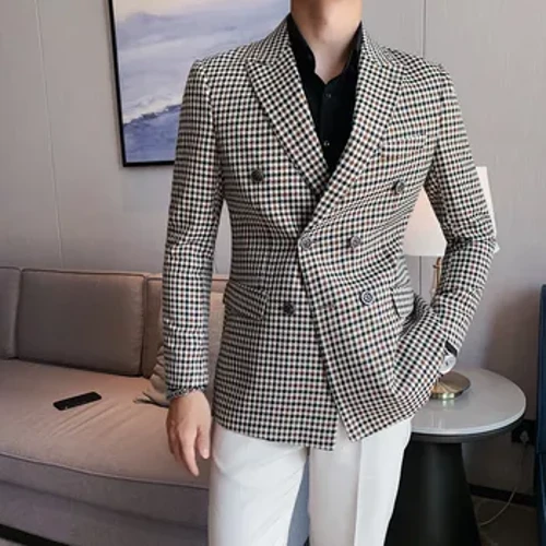 Arddull Prydain Slim Fit Houndstooth Blazer Ar Gyfer Dynion 2023 Ffasiwn Dwbl Breasted Busnes Swyddfa Briodas Ffrog Siaced Siwt