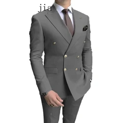 2023 Tötänleýin asman gök erkekler goşa brested Peak Lapel altyn düwme ýigidiň toý Tuxedos iň gowy 2 sany kompýuter blazeri penjek balak toplum