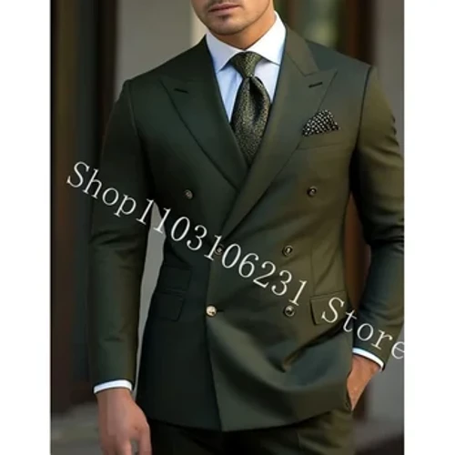 Gizonezkoen traje berdeak Blazer Slim Fit bular bikoitza Ezkontza senargaiaren esmokingak Enpresa 2 pieza trajeak jaka prakak Trajes De Hombre