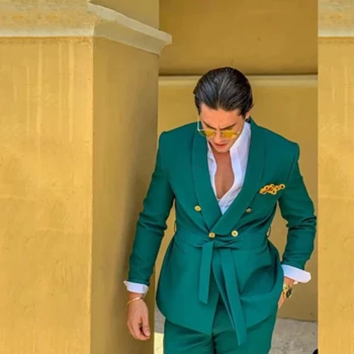 Muundo Mpya wa Suti za Kijani za Kiume kwa ajili ya Harusi Yenye Mkanda Vipande 2 vya Groom Rasmi wa Kusafiri Aliyevaa Koti+ya Suruali ya Vazi la Suruali Homme
