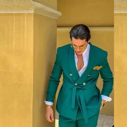 Yeni Tasarım Yeşil Erkek Kemer Ile Düğün için Takım Elbise 2 Parça Kruvaze Resmi Damat Seyahat Giyim Ceket + Pantolon Kostüm Homme