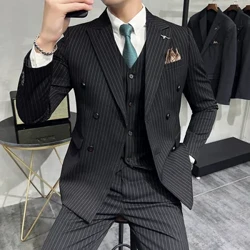 Năm 2023 Thời Trang Mới Nam Boutique Kinh Doanh Slim Cưới Sọc Đôi Phù Hợp Với Áo Cộc Tay Áo Quần Quần Áo Vest Bộ 3