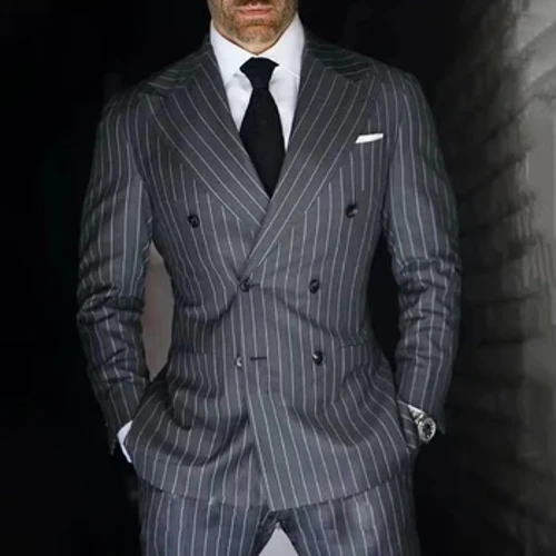 Grey gesträifte Männer Kostüm Doppelbreasted Fir Hochzäit Benotzerdefinéiert fir Mann Kostüm Bräitchemann 2-Stéck Tuxedos Best Man Blazer Hosen