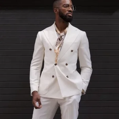 სპილოს ძვლის მამაკაცის ლუქსი 2 ცალი (Blazer+Pants) ელეგანტური ლუქსი მამაკაცისთვის შემთხვევითი ორმაგი მკერდიანი საოფისე საქმიანი ქორწილი ტუქსედოები