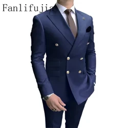 Fanlifujia pood mereväe meeste pidusmokid, 2 tükki, uusimad Peak lapel meeste ülikonnad, kuldsed nööbid, mood stiilis ülikonnad kahe rinnaga